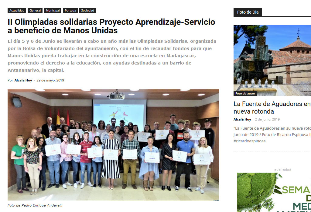 Lee más sobre el artículo Alcalá Hoy «II Olimpiadas solidarias Proyecto Aprendizaje-Servicio a beneficio de Manos Unidas»